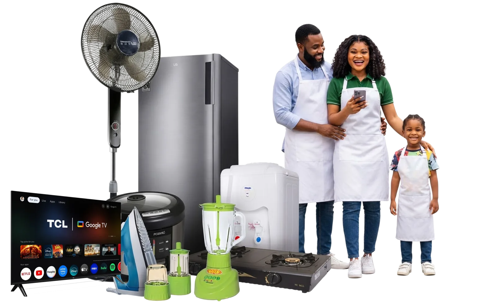 A smiling family in aprons beside a fridge, standing fan, TCL TV, rice cooker, blender, iron, water dispenser and gas cooker