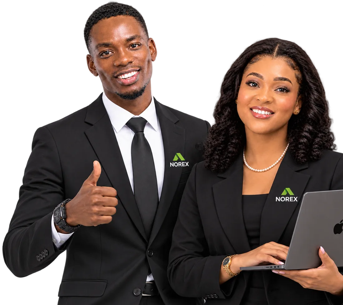 Two Norex team members in black suits, one giving a thumbs up and one holding a laptop