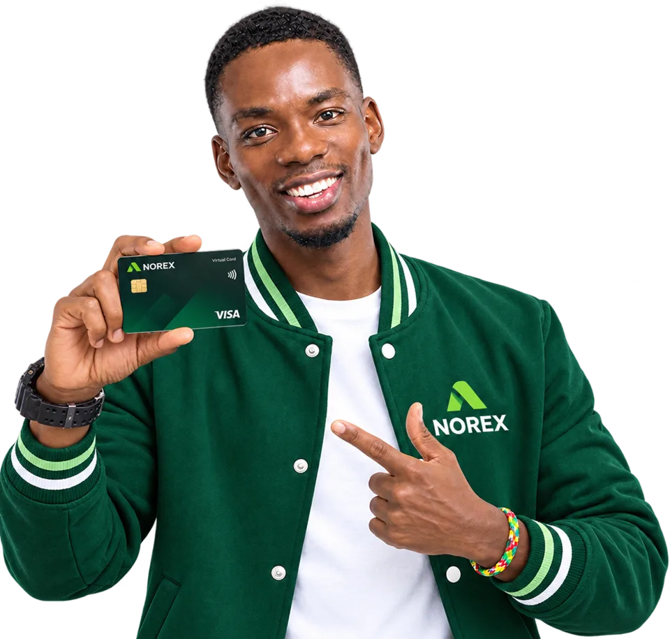 A smiling man in a green Norex jacket holding up a Norex Visa card