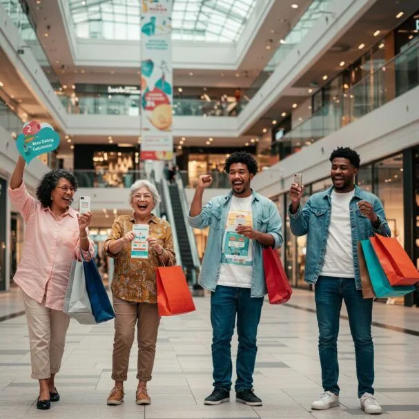 Friends in a shopping mall cheering and holding up their new phones and shopping bags
