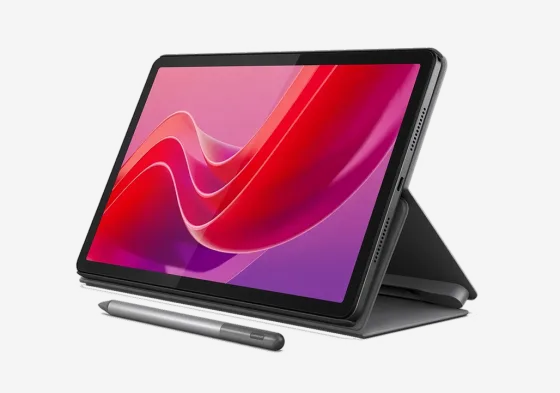 A tablet on a folding stand with a stylus