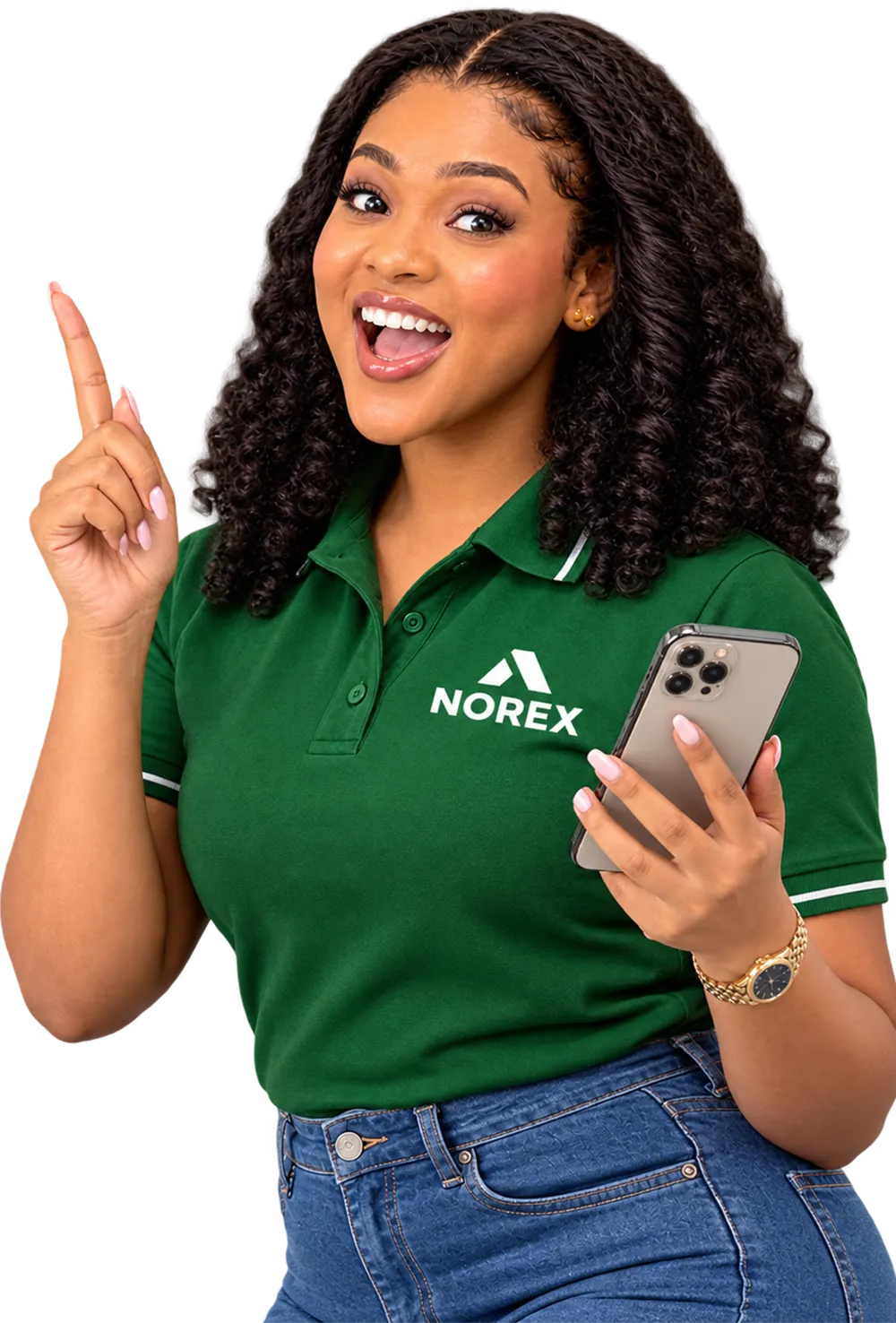 A Norex team member in a green polo pointing upward and holding an iPhone